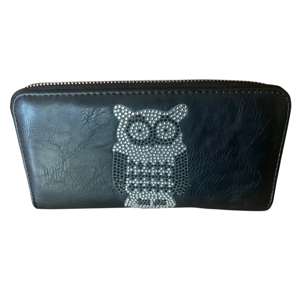 BLACK RHINESTONE OWL ACCORDION Zip Around WALLET Wristlet Bonus Keyring Strap‎